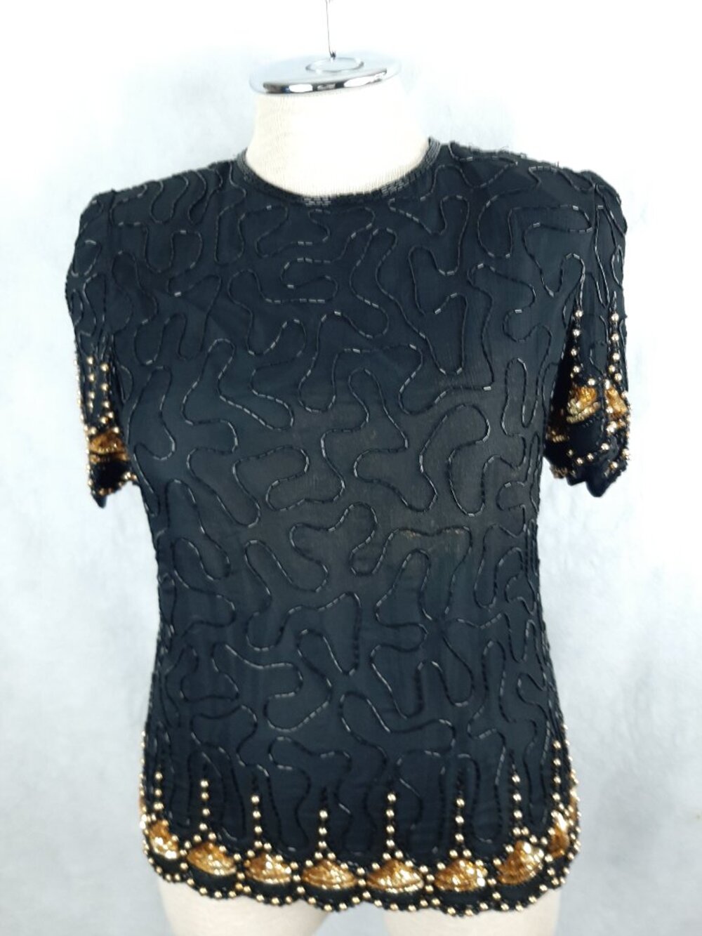 Laurence Kazar Women's medium formal sequin beaded top silk black gold formal